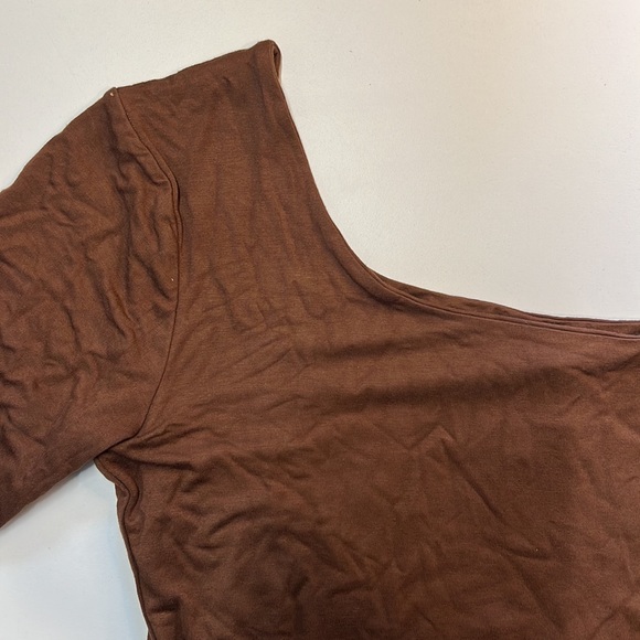 RE ONA WOMEN'S OFF SHOULDER BODYSUIT BASIC TOP CHOCOLATE BROWN - Picture 3 of 8